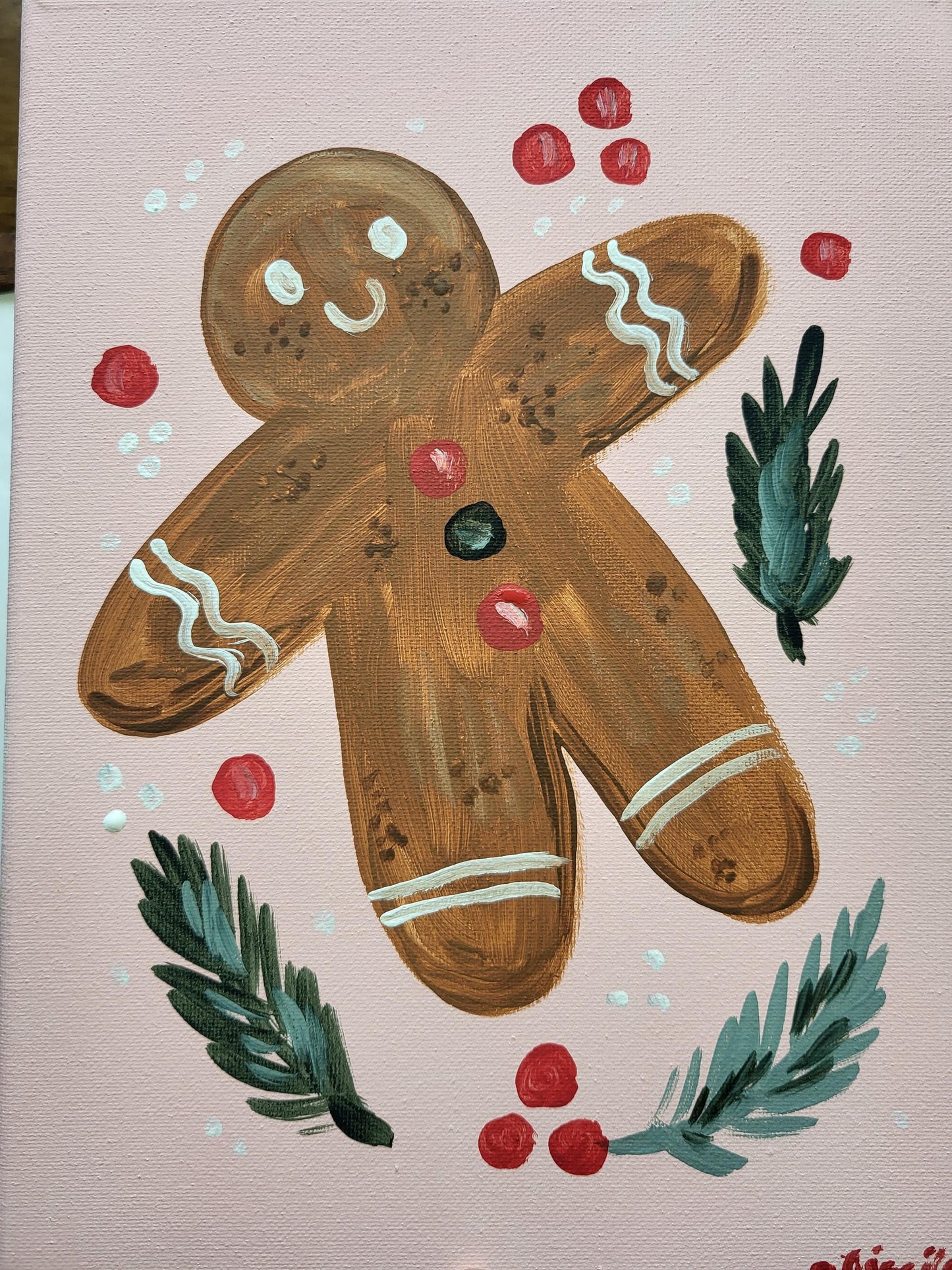 Set of three christmas paintings*acrylic winter art*small canvas art*winter painting*Santa art*gingerbread art*floral painting*pink winter