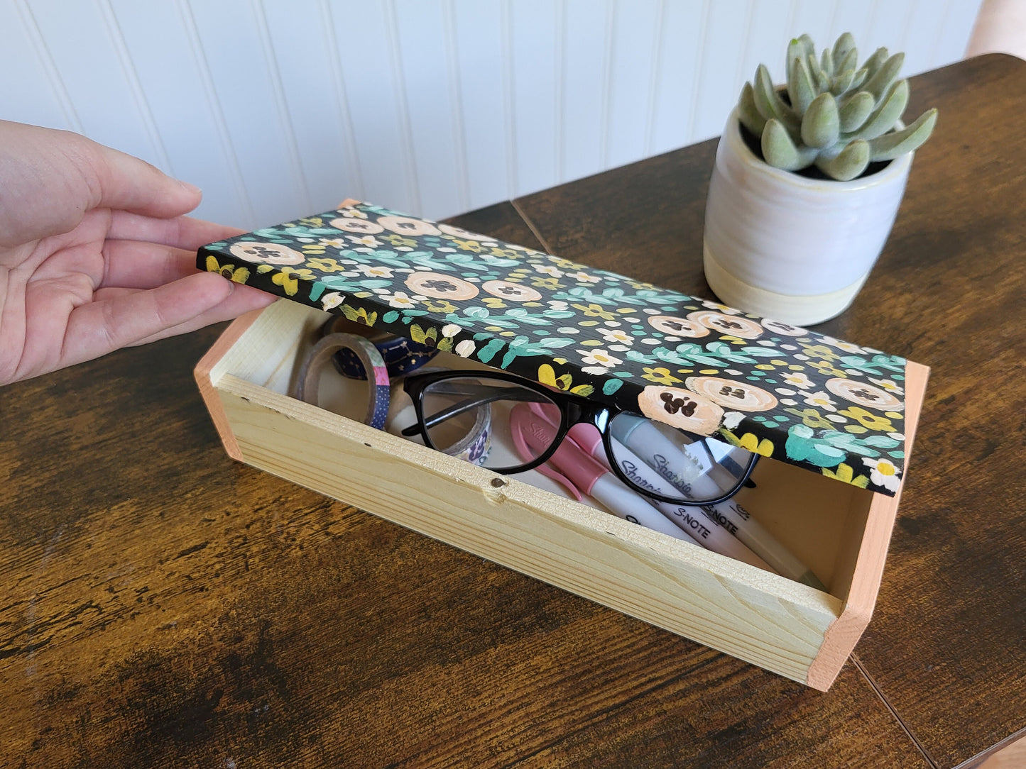 acrylic handpainted wooden boxes*floral boxes*handpainted desk organizer*dorm room decor*office decor*handpainted office art