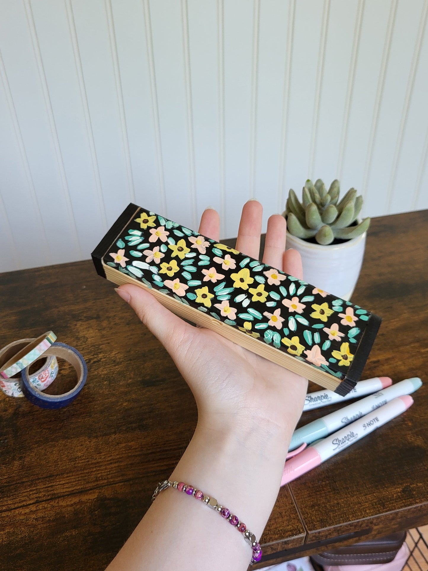 acrylic handpainted wooden boxes*floral boxes*handpainted desk organizer*dorm room decor*office decor*handpainted office art