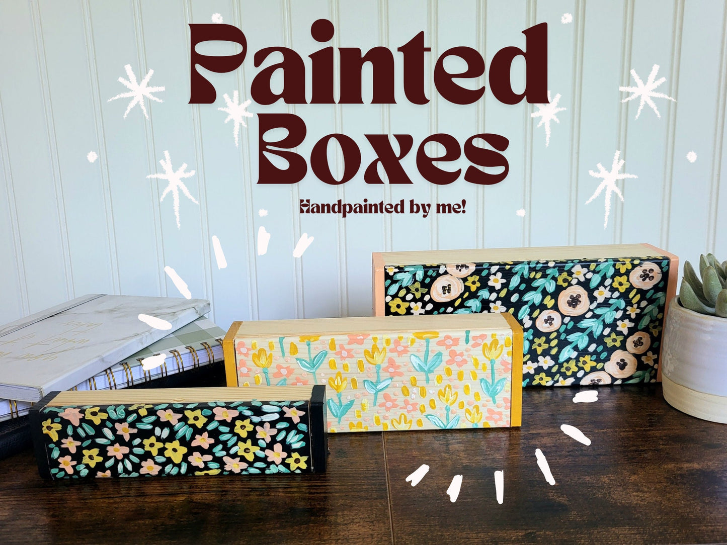 acrylic handpainted wooden boxes*floral boxes*handpainted desk organizer*dorm room decor*office decor*handpainted office art