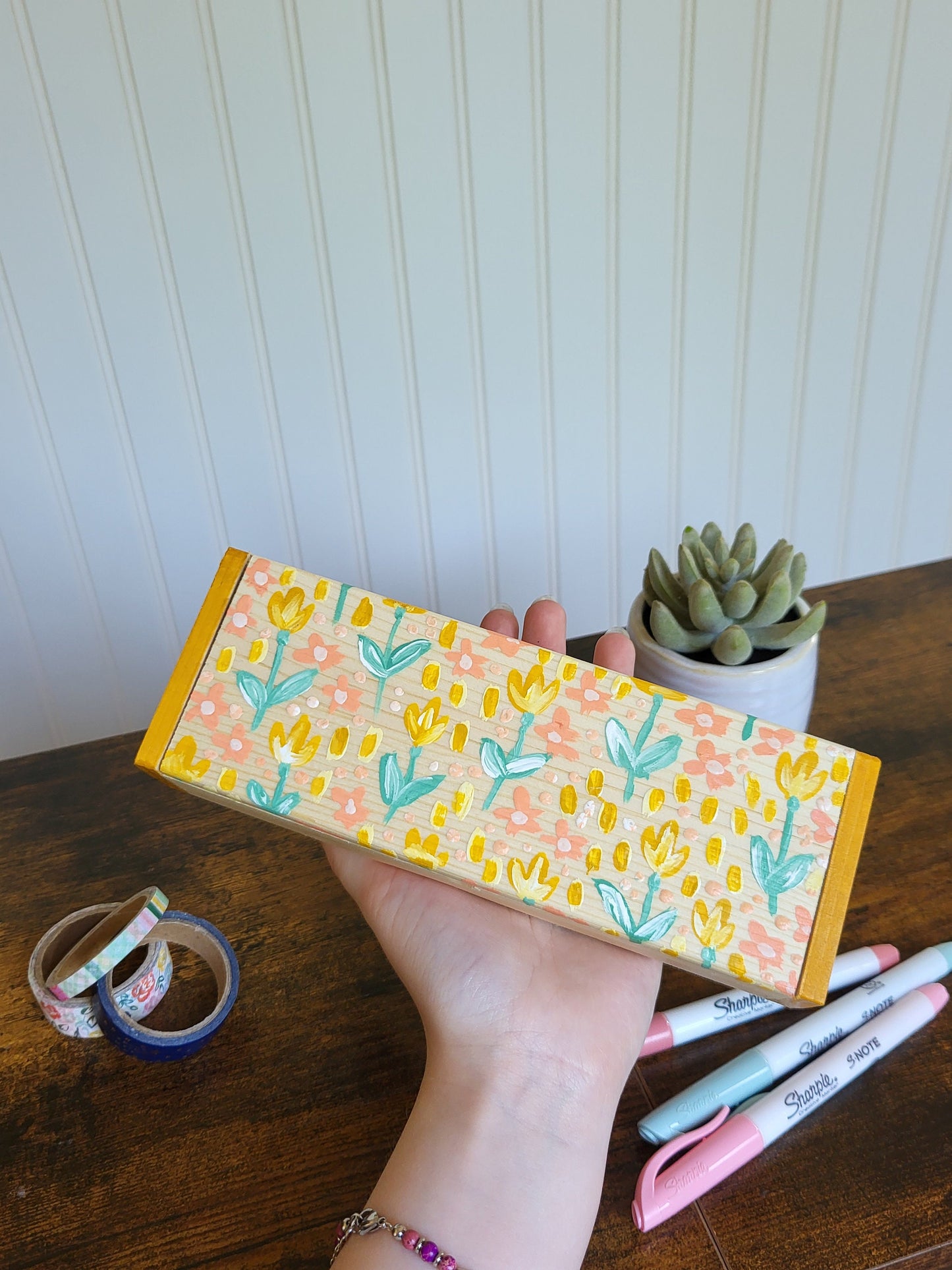 acrylic handpainted wooden boxes*floral boxes*handpainted desk organizer*dorm room decor*office decor*handpainted office art