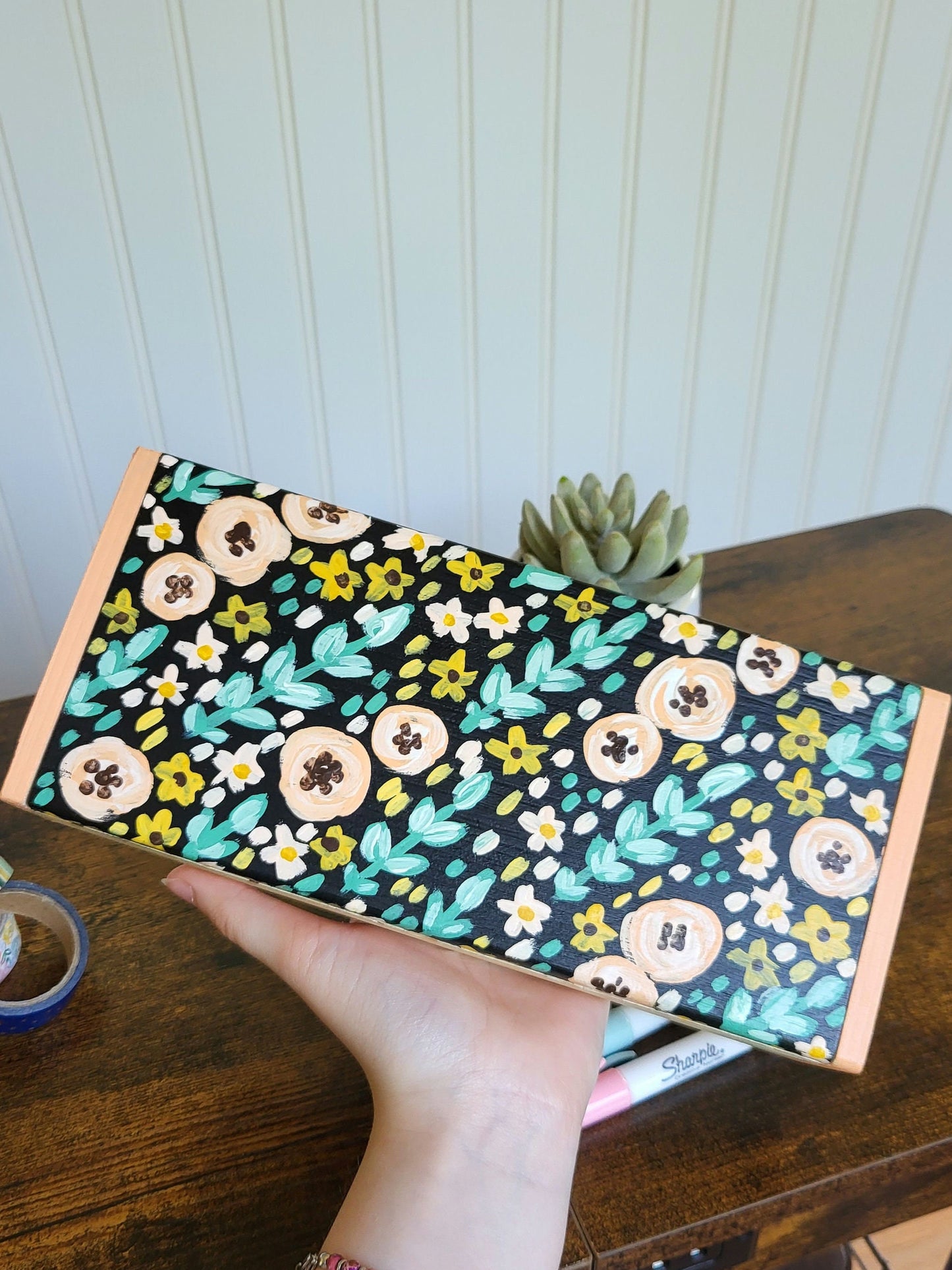 acrylic handpainted wooden boxes*floral boxes*handpainted desk organizer*dorm room decor*office decor*handpainted office art