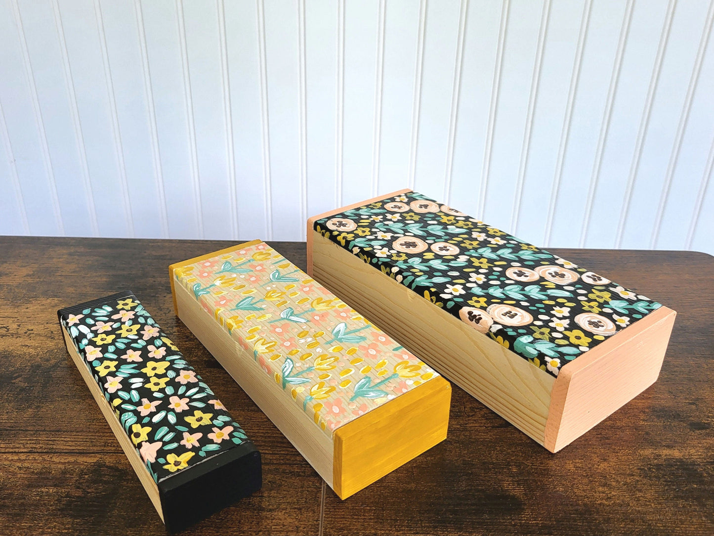 acrylic handpainted wooden boxes*floral boxes*handpainted desk organizer*dorm room decor*office decor*handpainted office art