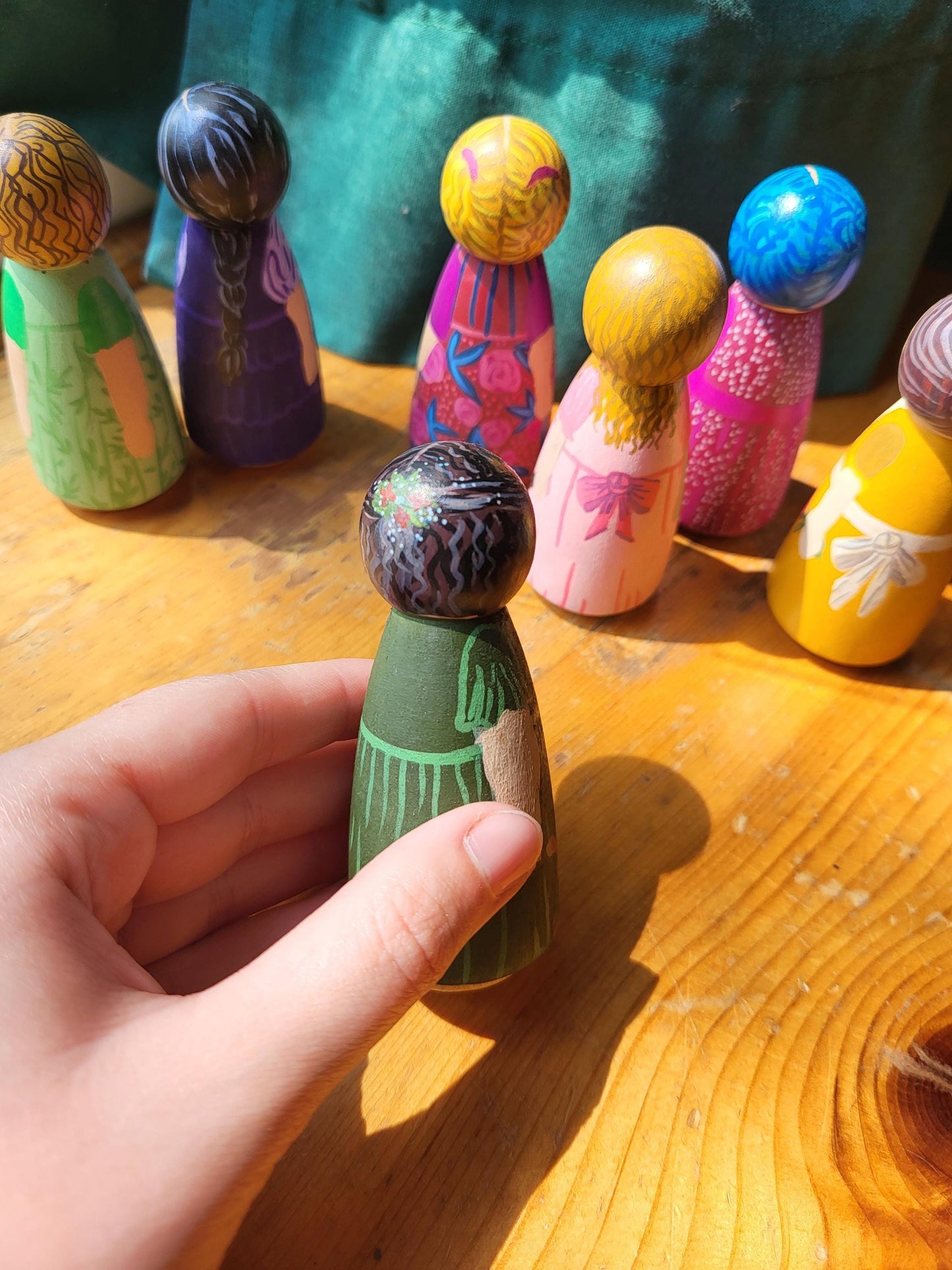 handpainted peg dolls*handmade wooden dolls*unique dolls*floral pattern dolls*toys for girls*dolls for girls* wooden dolls