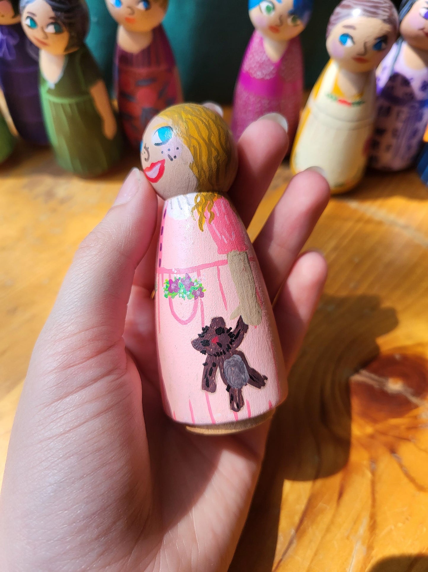 handpainted peg dolls*handmade wooden dolls*unique dolls*floral pattern dolls*toys for girls*dolls for girls* wooden dolls