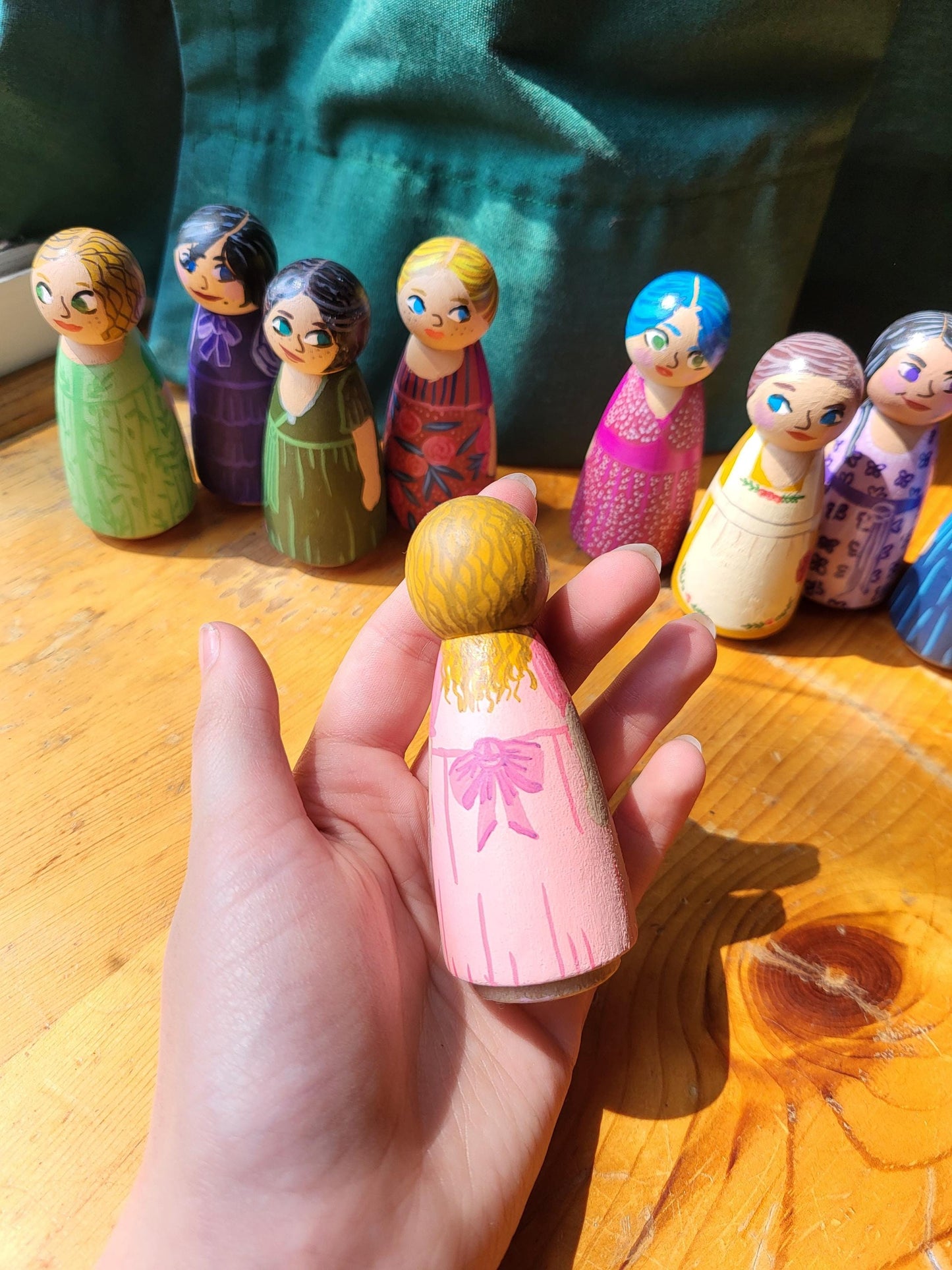 handpainted peg dolls*handmade wooden dolls*unique dolls*floral pattern dolls*toys for girls*dolls for girls* wooden dolls