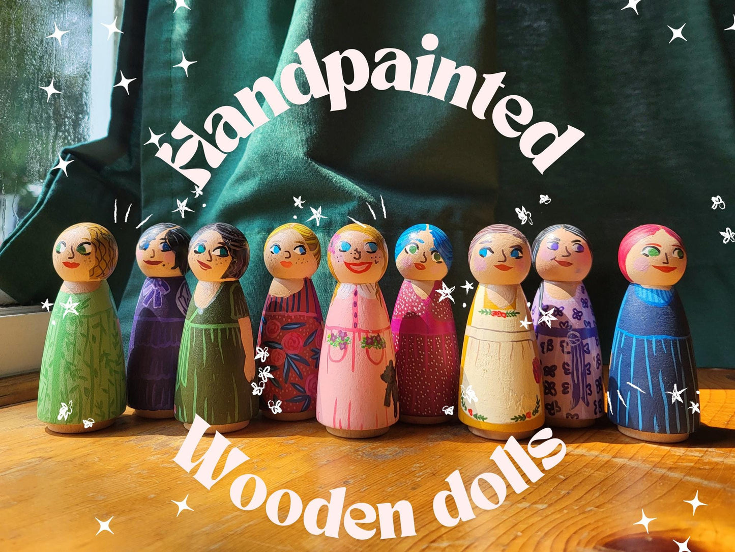 handpainted peg dolls*handmade wooden dolls*unique dolls*floral pattern dolls*toys for girls*dolls for girls* wooden dolls