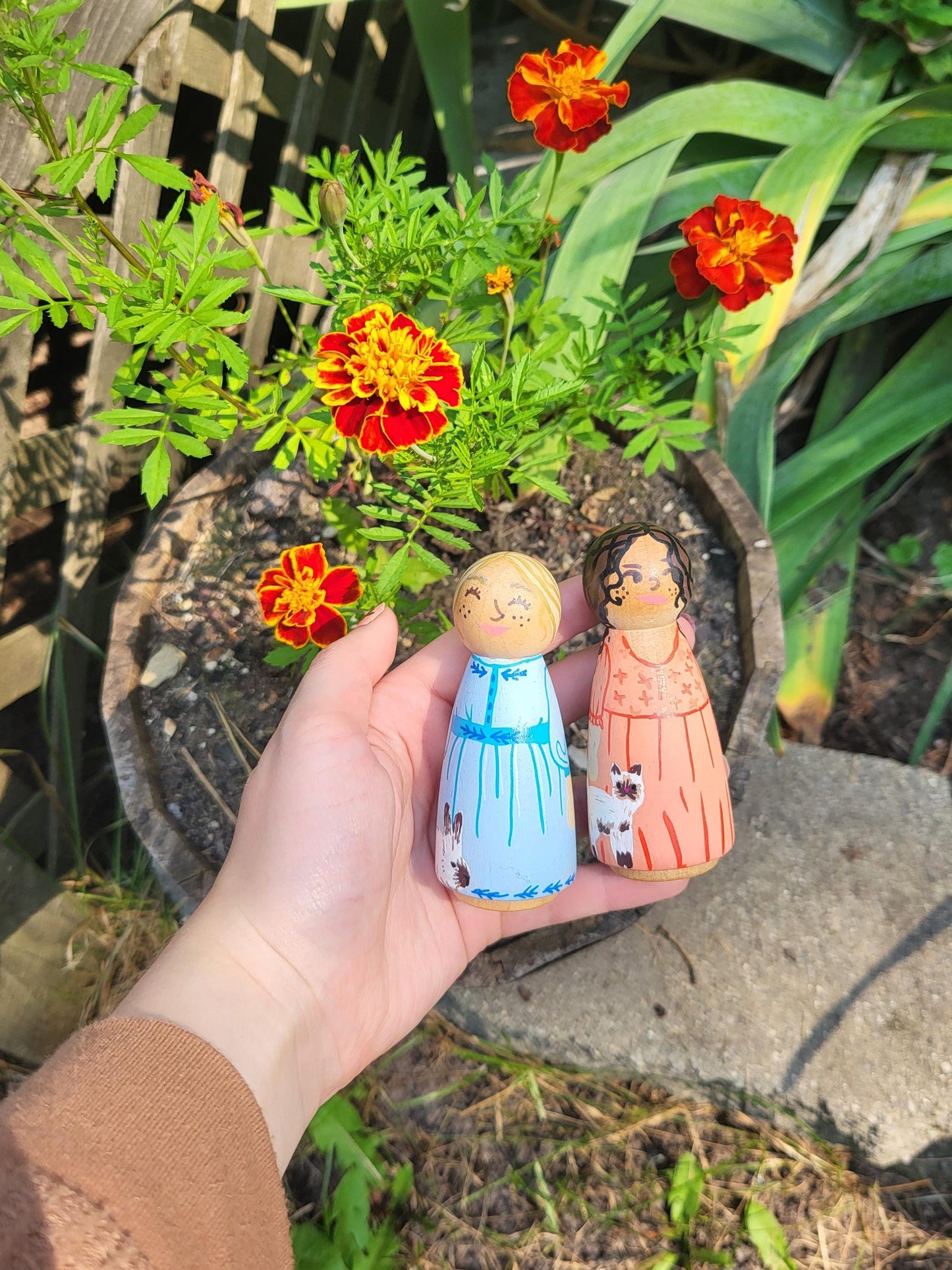 handpainted peg dolls*handmade wooden dolls*unique dolls*floral pattern dolls*toys for girls*dolls for girls* wooden dolls