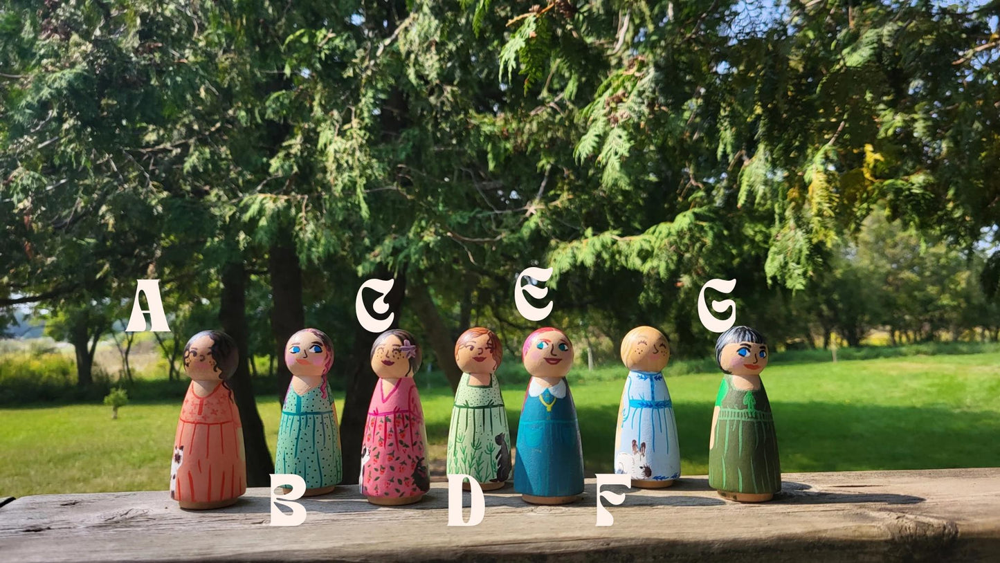 handpainted peg dolls*handmade wooden dolls*unique dolls*floral pattern dolls*toys for girls*dolls for girls* wooden dolls