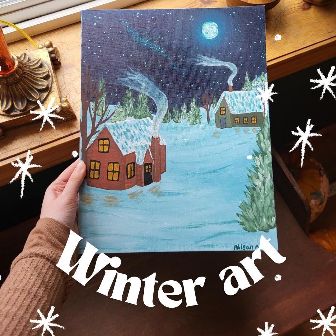 Winter art*winter paintings*snowy cabin art*snow art*cozy winter paintings*original art*acrylic winter painting*snowy art*cozy fireplace art