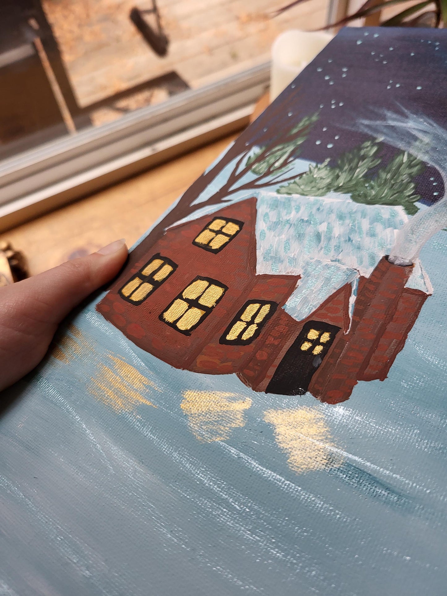 Winter art*winter paintings*snowy cabin art*snow art*cozy winter paintings*original art*acrylic winter painting*snowy art*cozy fireplace art