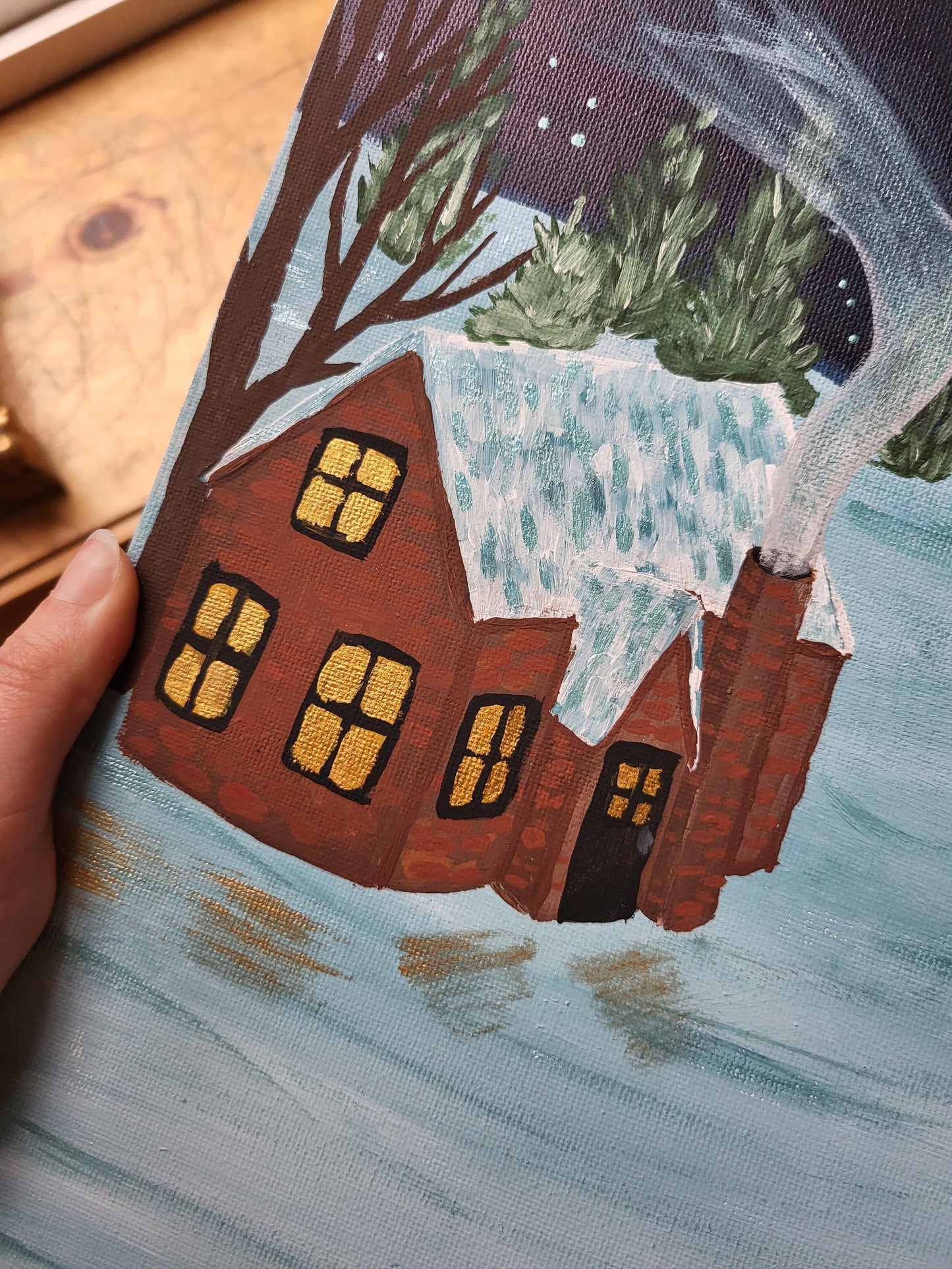 Winter art*winter paintings*snowy cabin art*snow art*cozy winter paintings*original art*acrylic winter painting*snowy art*cozy fireplace art