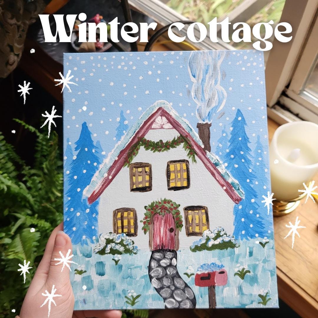 Winter art*winter paintings*snowy cabin art*snow art*cozy winter paintings*original art*acrylic winter painting*snowy art*cozy fireplace art