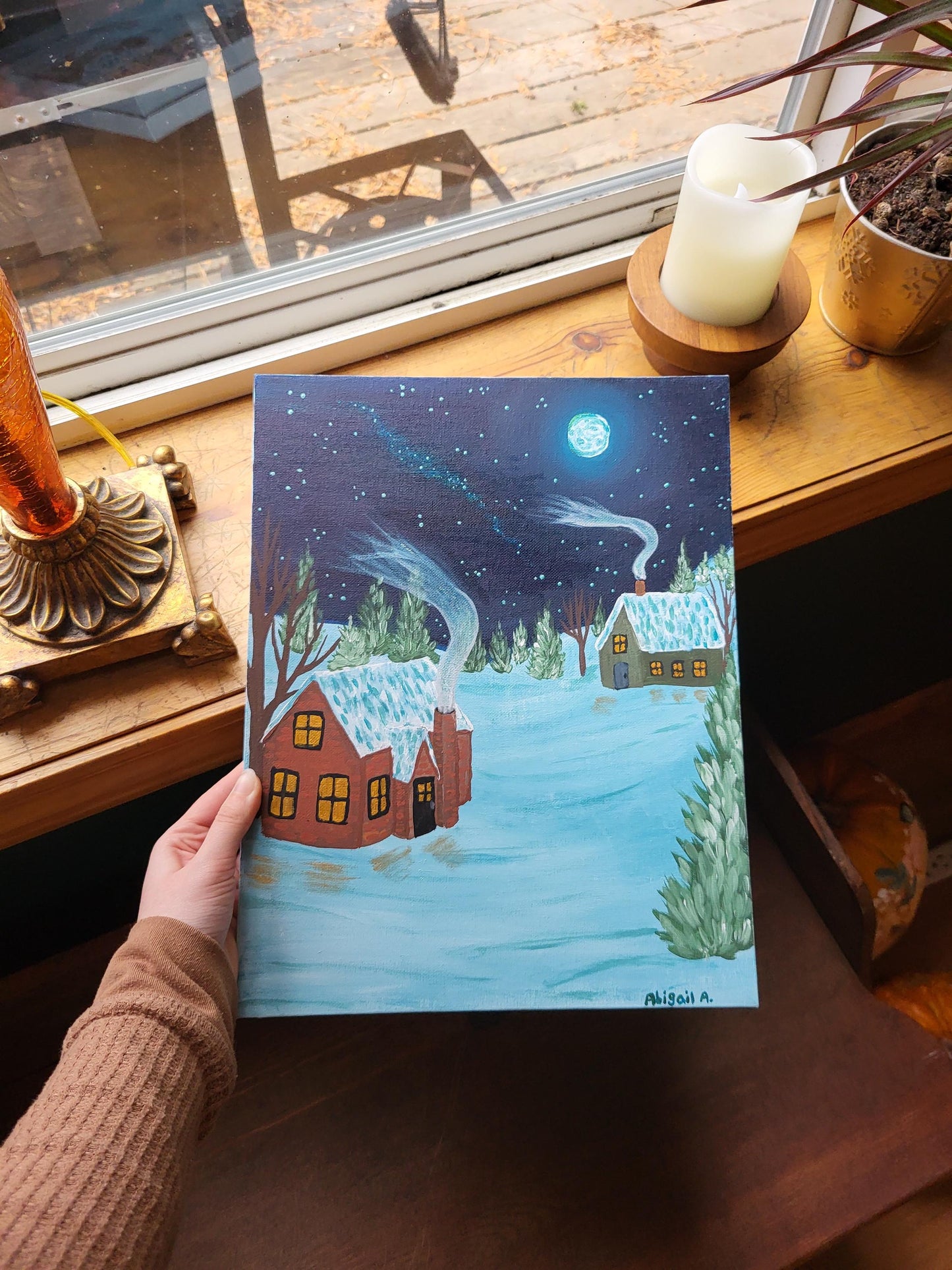 Winter art*winter paintings*snowy cabin art*snow art*cozy winter paintings*original art*acrylic winter painting*snowy art*cozy fireplace art