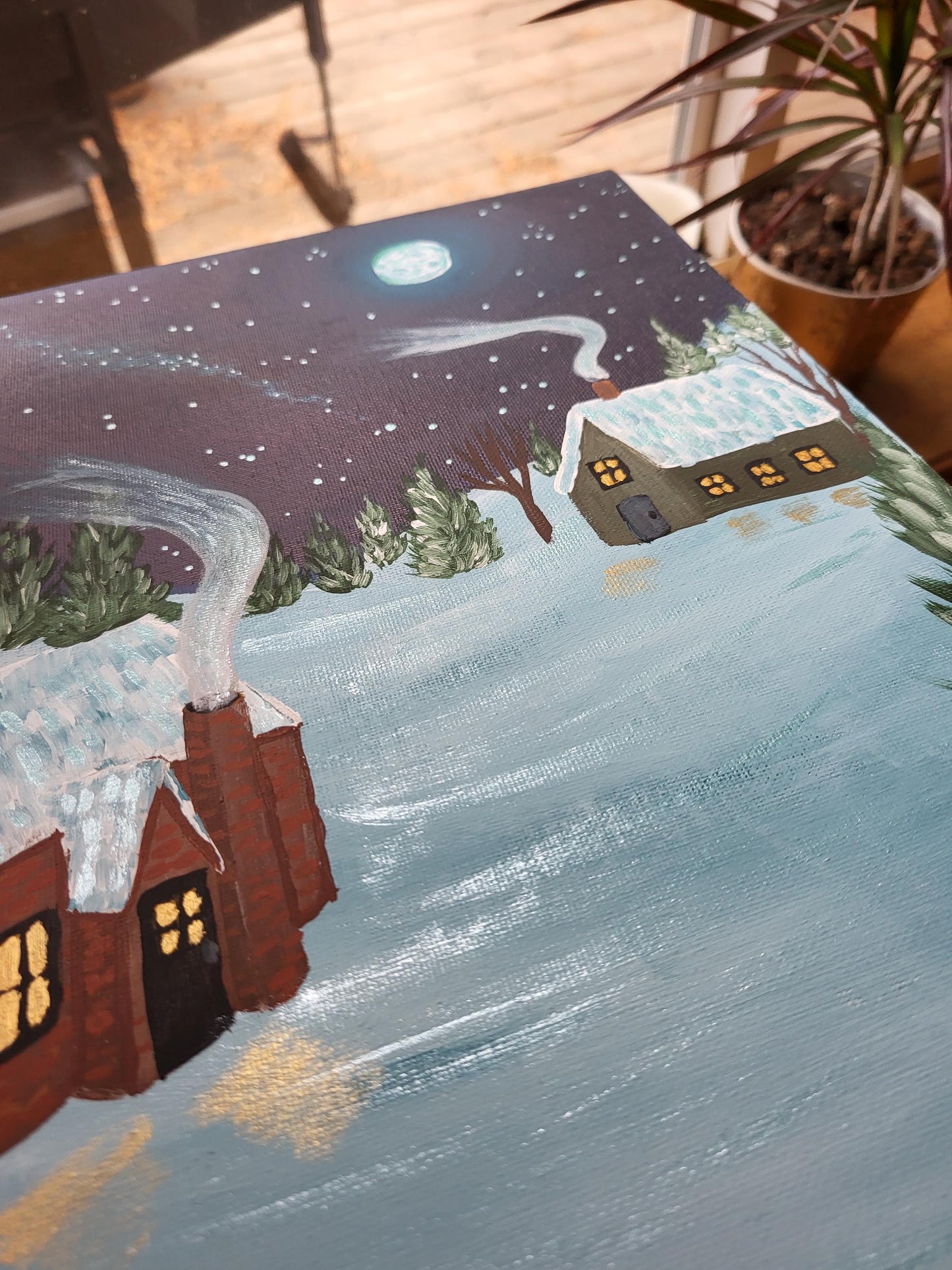 Winter art*winter paintings*snowy cabin art*snow art*cozy winter paintings*original art*acrylic winter painting*snowy art*cozy fireplace art
