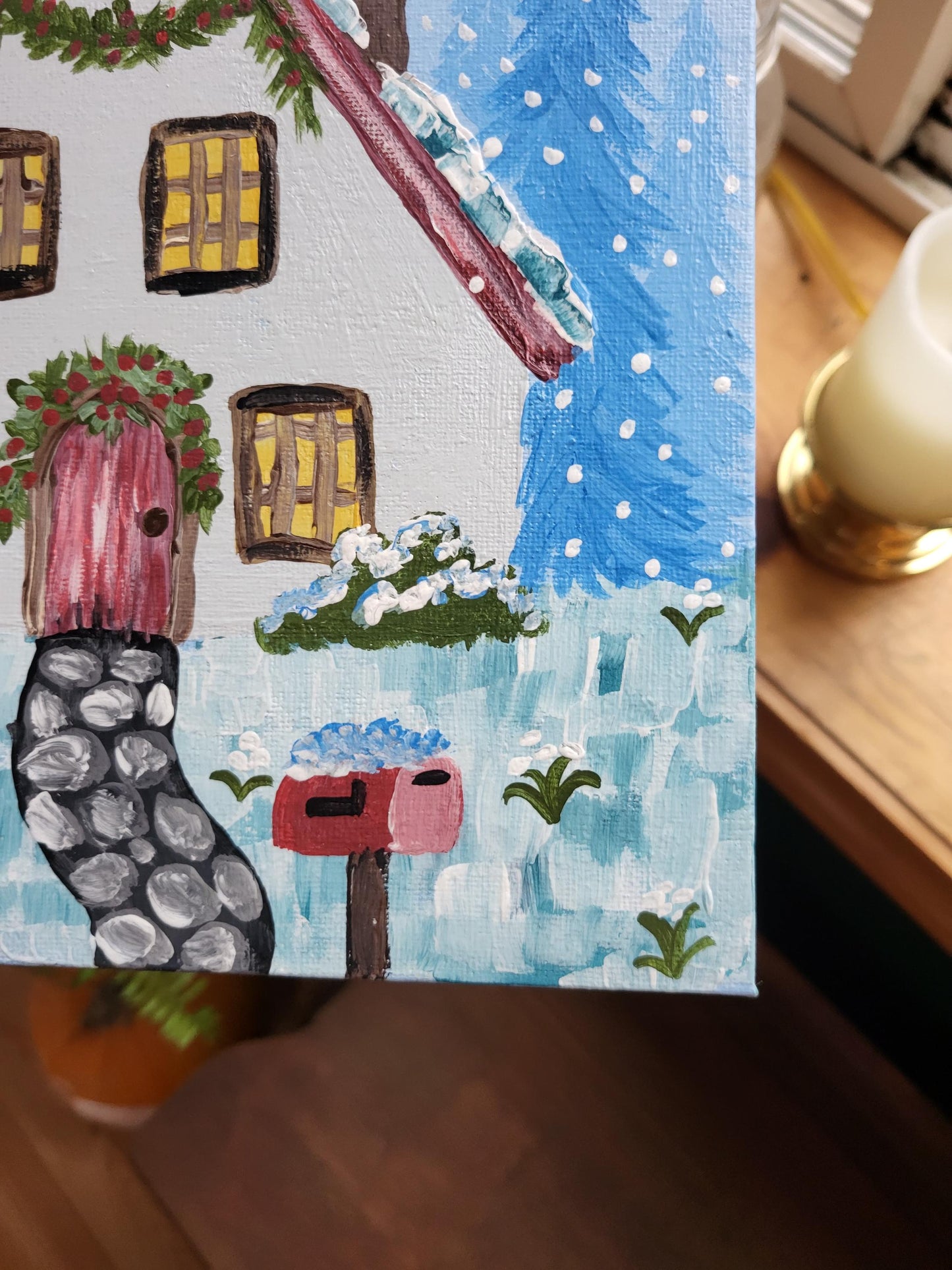 Winter art*winter paintings*snowy cabin art*snow art*cozy winter paintings*original art*acrylic winter painting*snowy art*cozy fireplace art