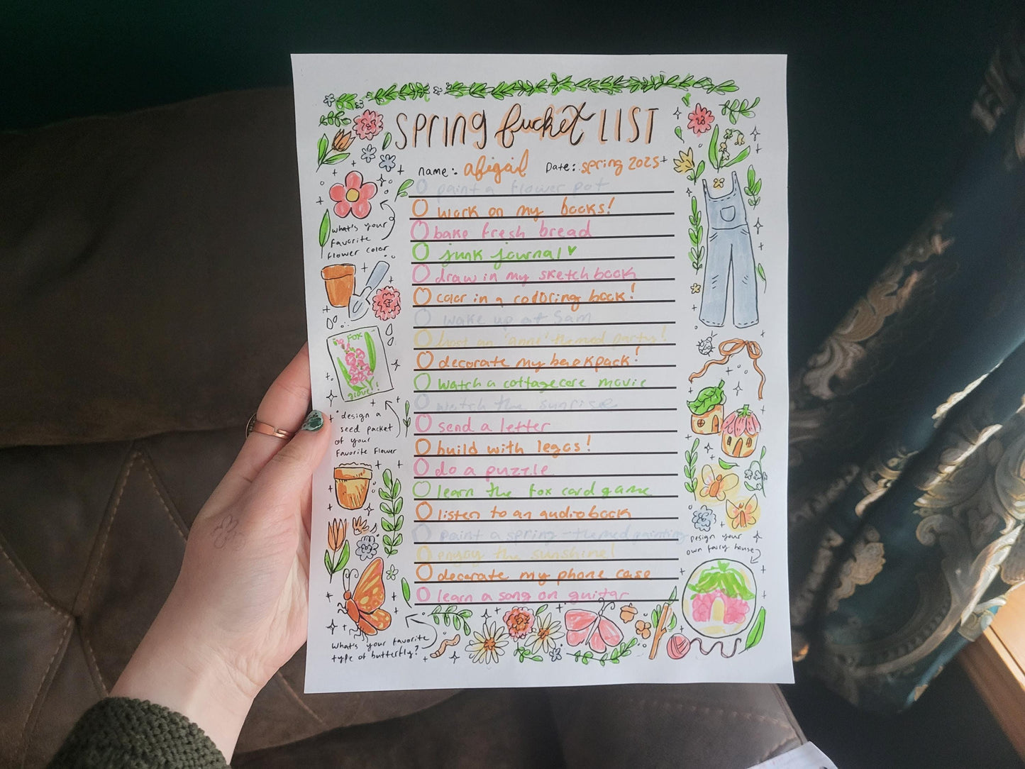 Spring bucket list*cozy springcoloring page*aesthetic spring art*aesthetic coloring page*aesthetic bucket list*spring list*printable