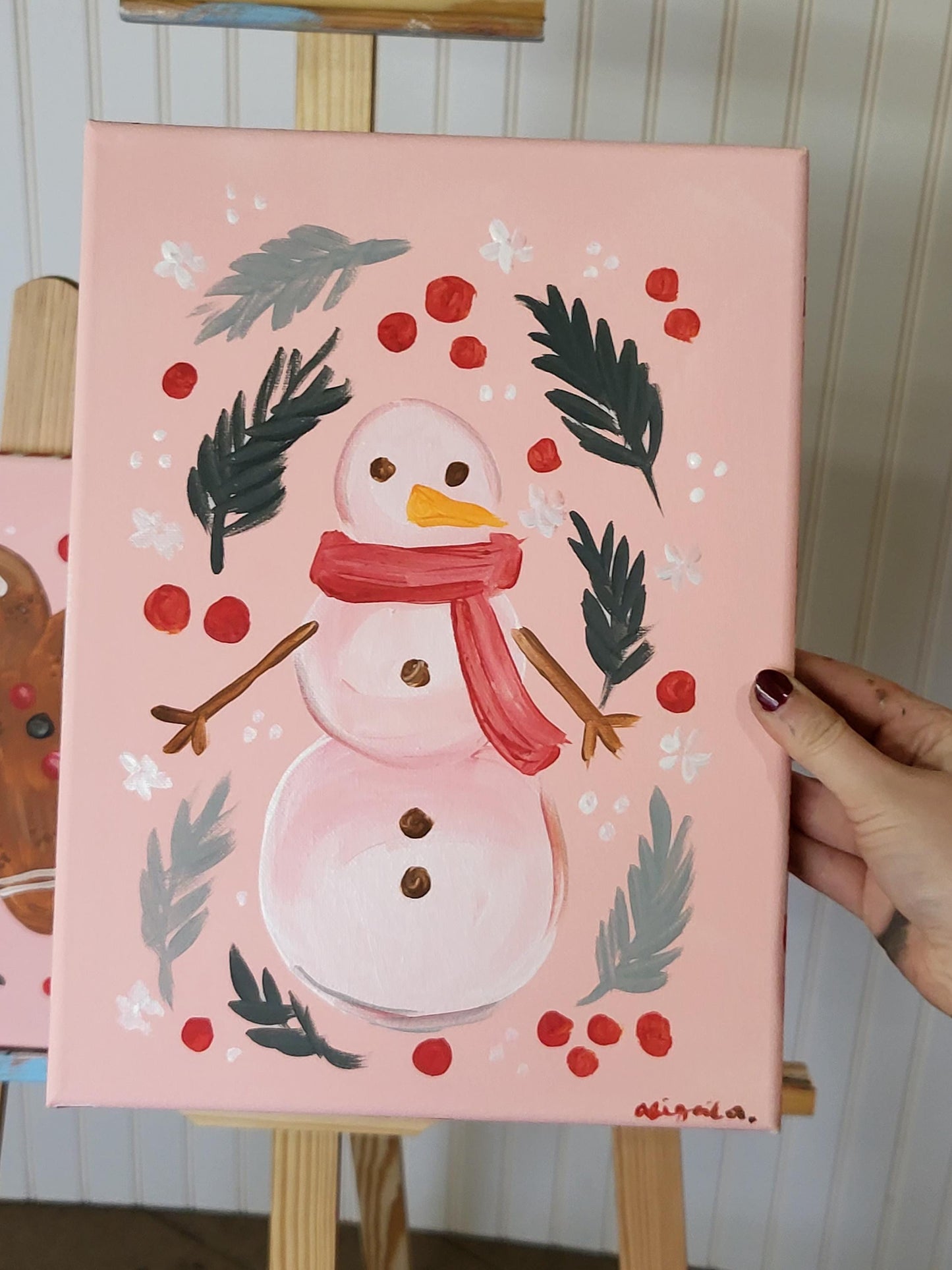 Set of three christmas paintings*acrylic winter art*small canvas art*winter painting*Santa art*gingerbread art*floral painting*pink winter