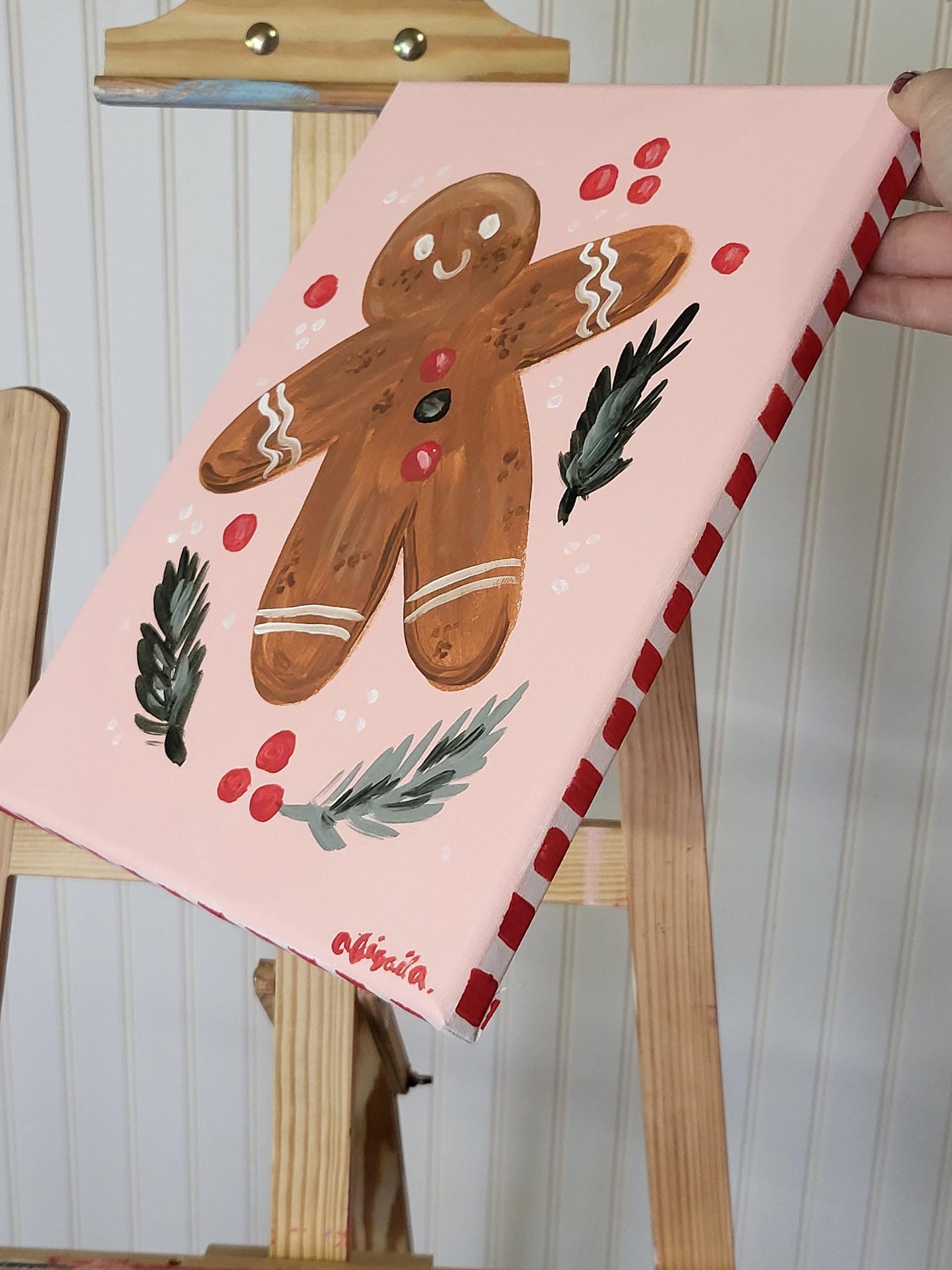 Set of three christmas paintings*acrylic winter art*small canvas art*winter painting*Santa art*gingerbread art*floral painting*pink winter
