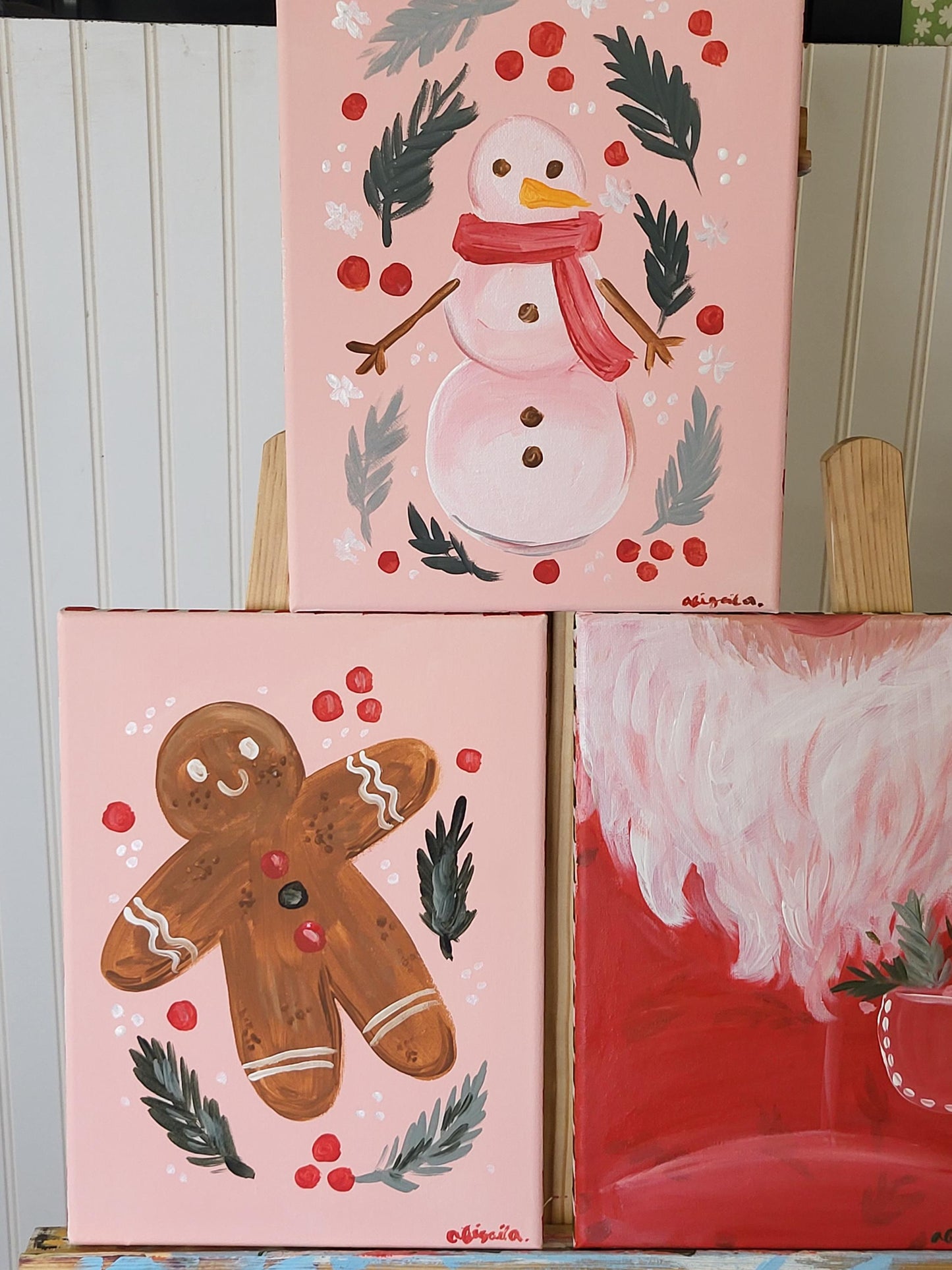 Set of three christmas paintings*acrylic winter art*small canvas art*winter painting*Santa art*gingerbread art*floral painting*pink winter