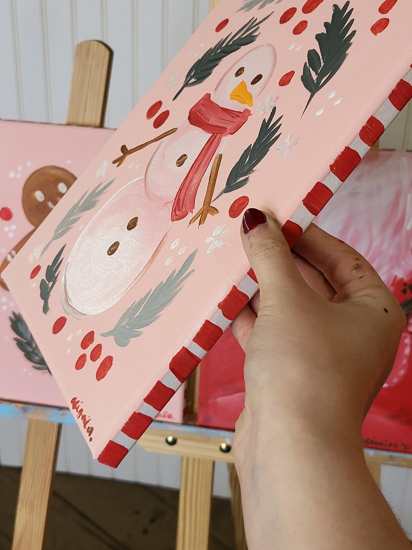 Set of three christmas paintings*acrylic winter art*small canvas art*winter painting*Santa art*gingerbread art*floral painting*pink winter