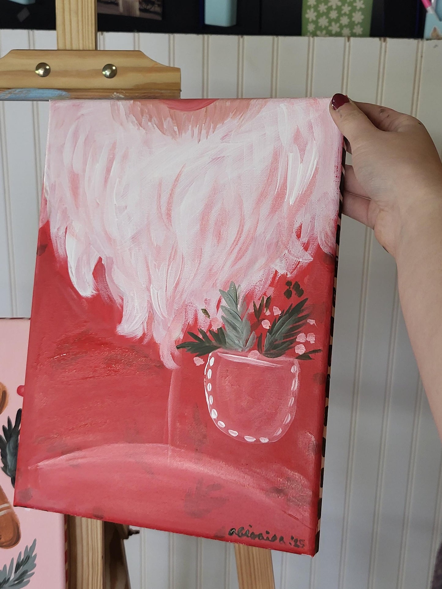 Set of three christmas paintings*acrylic winter art*small canvas art*winter painting*Santa art*gingerbread art*floral painting*pink winter