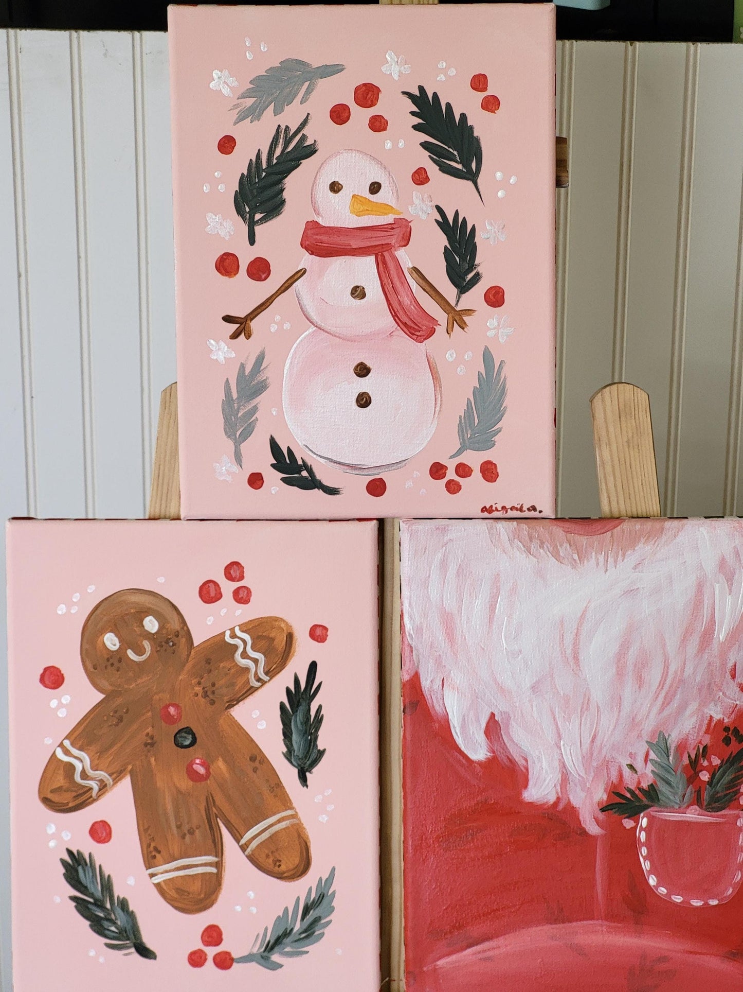 Set of three christmas paintings*acrylic winter art*small canvas art*winter painting*Santa art*gingerbread art*floral painting*pink winter