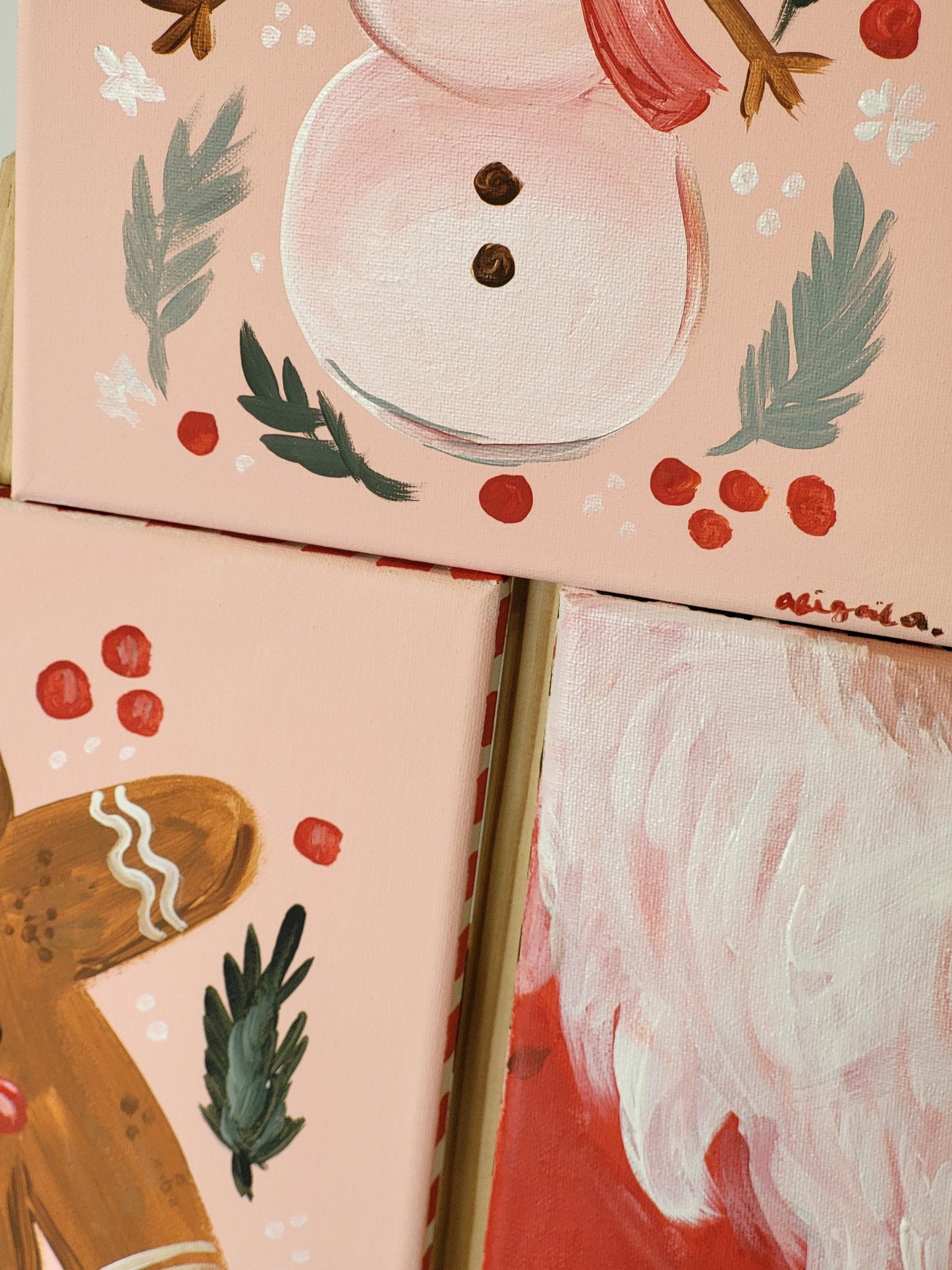 Set of three christmas paintings*acrylic winter art*small canvas art*winter painting*Santa art*gingerbread art*floral painting*pink winter