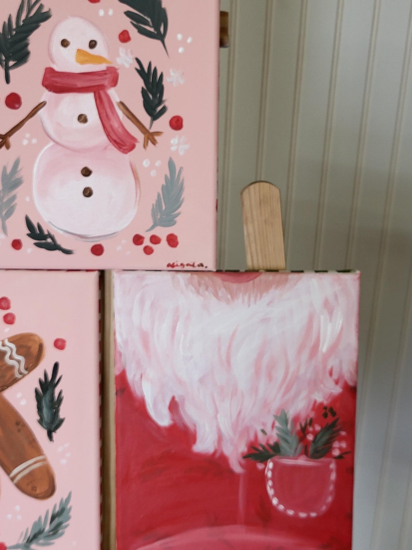 Set of three christmas paintings*acrylic winter art*small canvas art*winter painting*Santa art*gingerbread art*floral painting*pink winter
