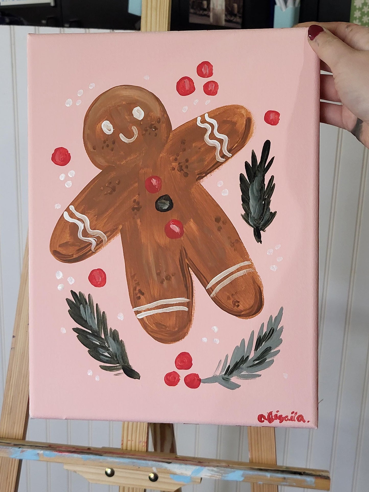 Set of three christmas paintings*acrylic winter art*small canvas art*winter painting*Santa art*gingerbread art*floral painting*pink winter