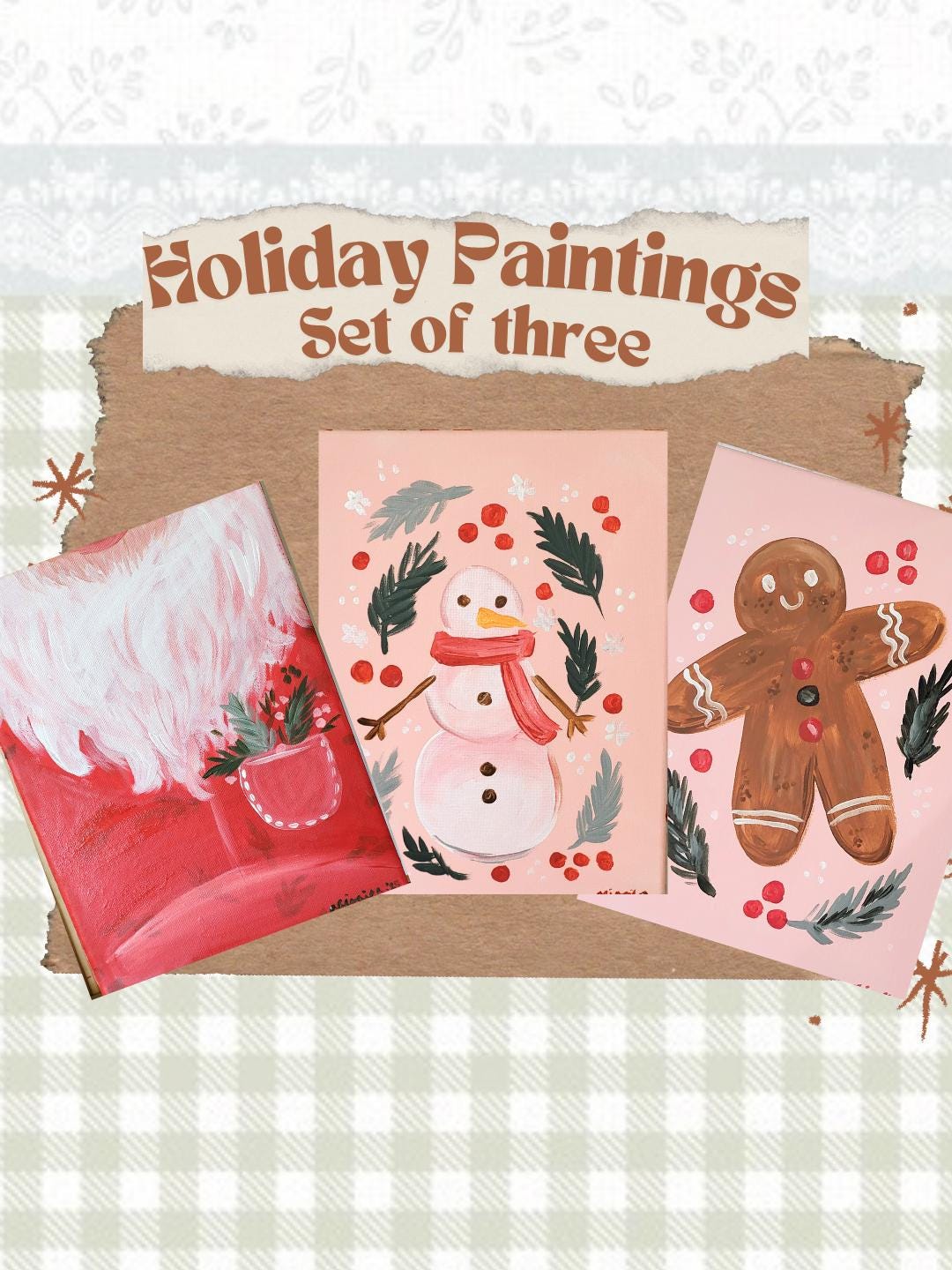 Set of three christmas paintings*acrylic winter art*small canvas art*winter painting*Santa art*gingerbread art*floral painting*pink winter