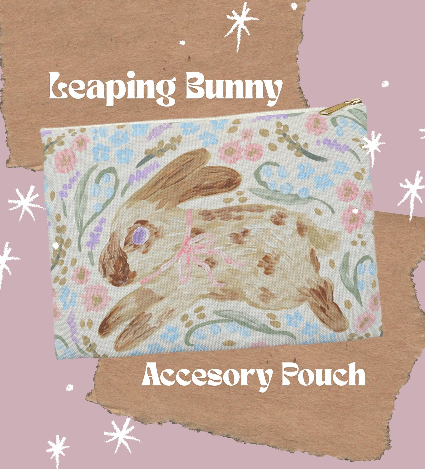 Watercolor Speckled Bunny Accessory Pouch | Floral Pastel Rabbit Print | Animal lover's gift idea | Floral bunny makeup bag | woodland bag