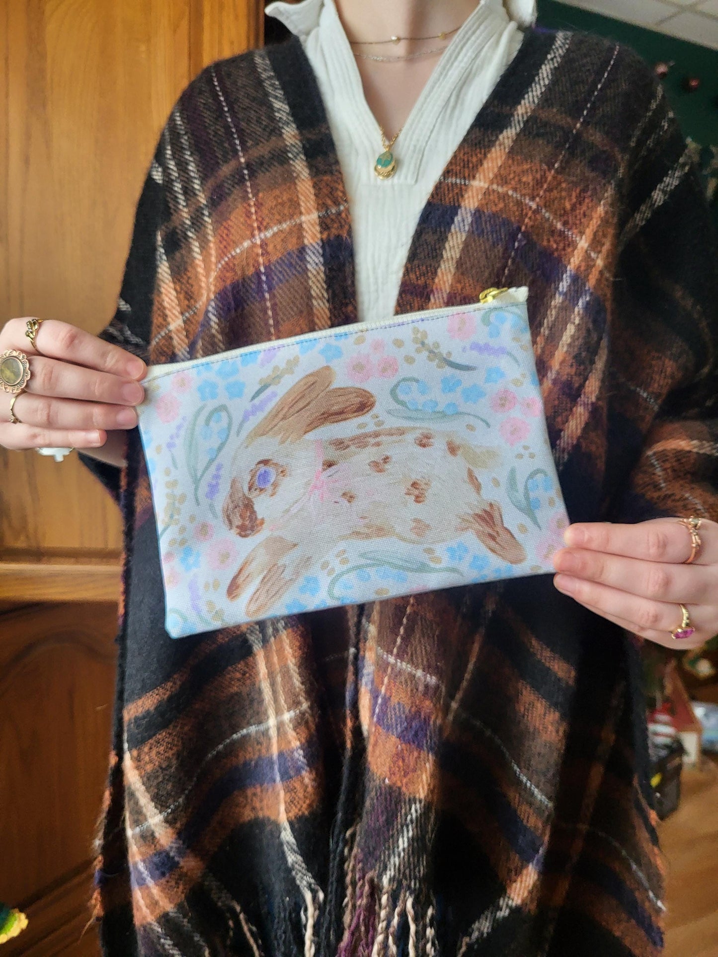 Watercolor Speckled Bunny Accessory Pouch | Floral Pastel Rabbit Print | Animal lover's gift idea | Floral bunny makeup bag | woodland bag