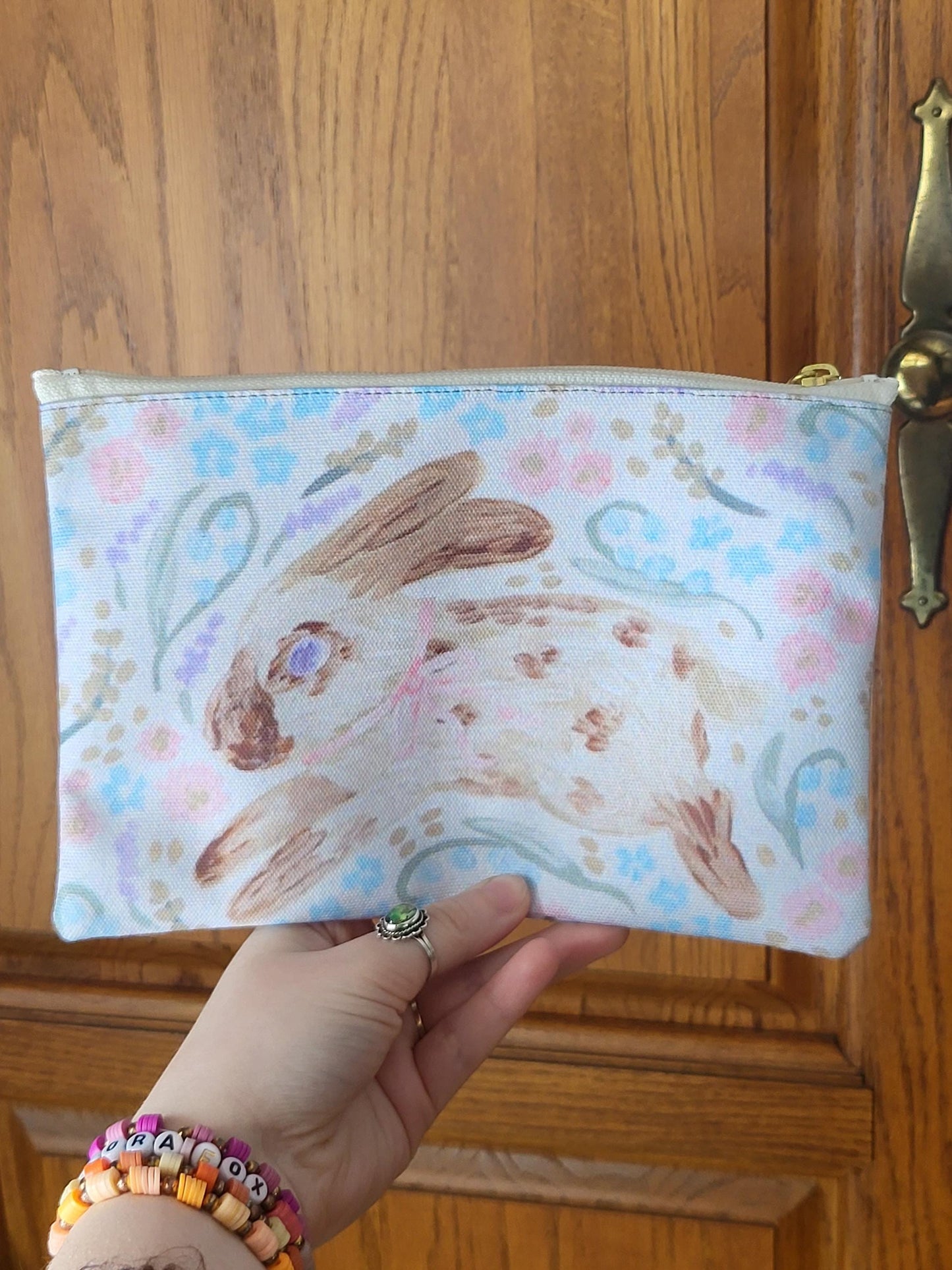 Watercolor Speckled Bunny Accessory Pouch | Floral Pastel Rabbit Print | Animal lover's gift idea | Floral bunny makeup bag | woodland bag