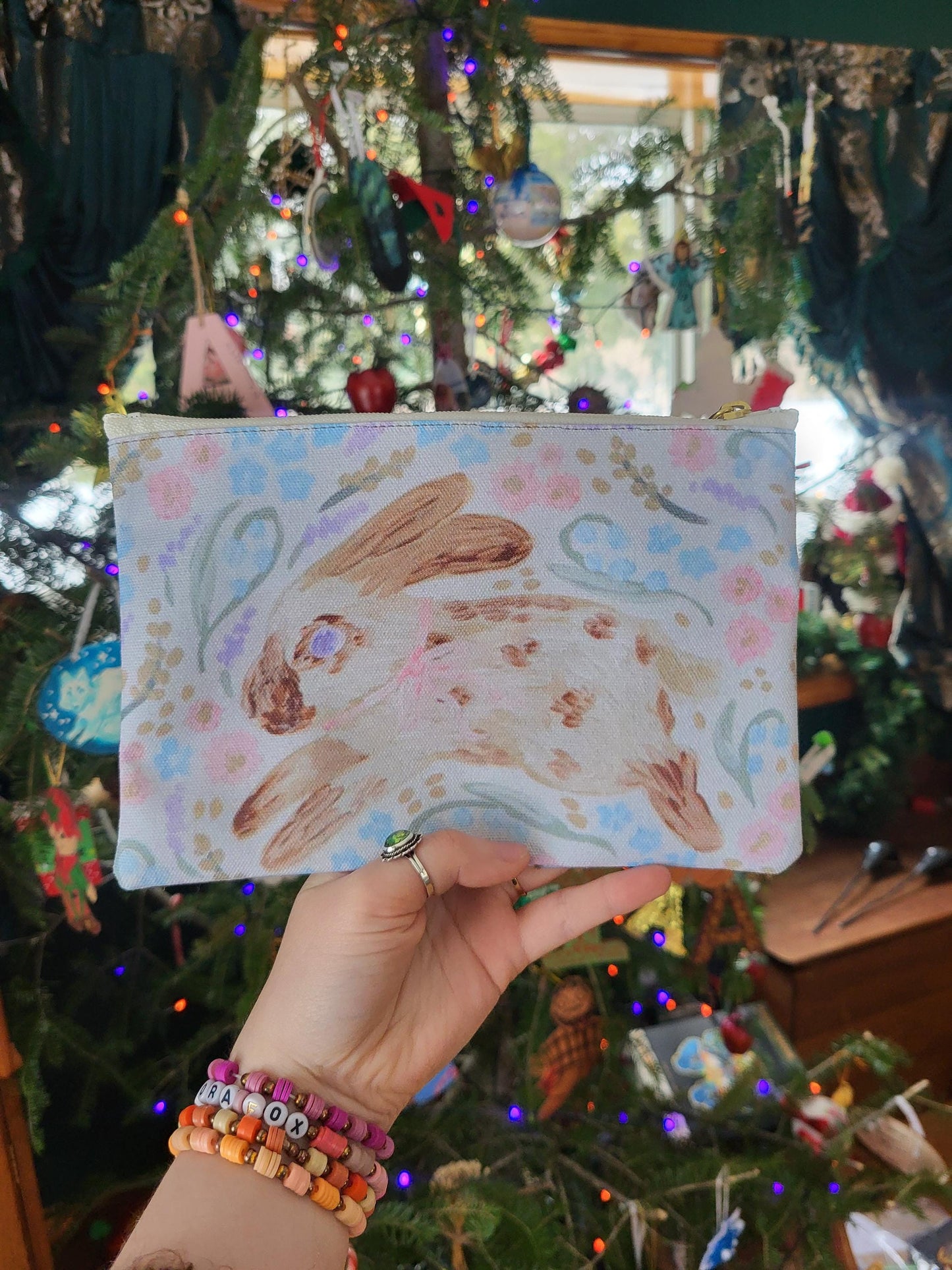 Watercolor Speckled Bunny Accessory Pouch | Floral Pastel Rabbit Print | Animal lover's gift idea | Floral bunny makeup bag | woodland bag